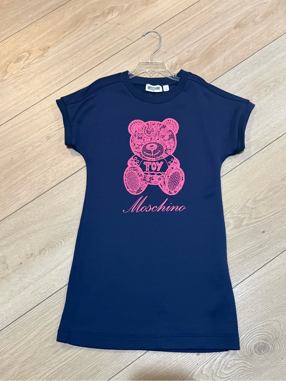 Moschino Navy Short-Sleeve Tee Dress with Pink Teddy Graphic